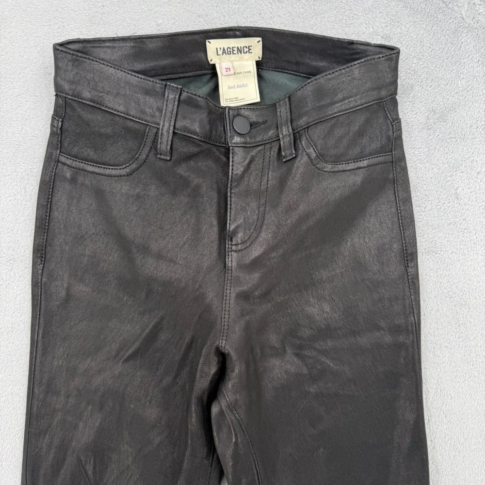 L'Agence Margot Black Coated Skinny Lamb Leather High Rise Pants Size 23 - Picture 4 of 16
